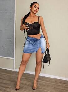 SHEIN SXY Sexy Party Asymmetric Zip Closure Denim Mini Skirt - Blue - View 5
