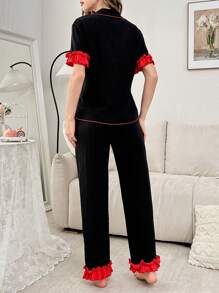 Lapel Color Block Single-Breasted Women Short Sleeve Top And Pants Pajama Set