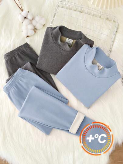 SHEIN 4 件套 Tween 女童舒适纯色柔软立领长袖上衣和紧身裤睡衣套装