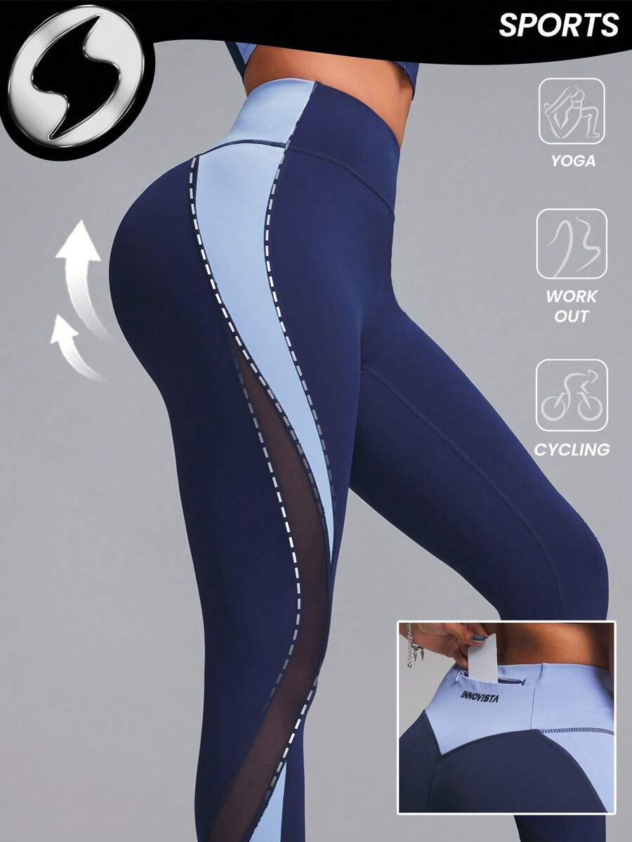 Innovista 女士拼色透气网眼镂空运动紧身裤，带口袋，收腹提臀性感配套裤子，日常休闲和健身，塑身紧身裤，弹力高腰紧身裤，蓝色紧身裤，氨纶紧身裤，徒步服，拼色