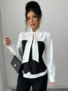 Elenzga 女士优雅撞色系带领二合一衬衫，秋季 - 彩色 - 查看 4