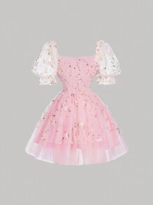 SHEIN MOD Pink Gorgeous Fantasy Three-Dimensional Flower Mesh Embroidery Cake Dress, Brunch Dress, Date Dress, Party Dress, Festival Dress, Birthday Dress, Tutu Dress,Valentine's Day,Kawaii Clothes,Spring Dress