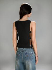 LYSMO Women's Solid Color Round Neck Casual Camisole With Side Buckle Design - Black - View 2