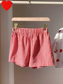 Comfortcana 女士松紧腰格子宽松休闲短裤 - 紅白色 - 查看 3