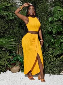 Slaydiva Nieuwe lente en zomer casual vakantie ronde hals mouwloos cropped vest + midden voorkant overlappende geplooide hoge split tot dij boog zoom asymmetrische zoom rok gele textuur stof dames tweedelige set