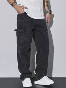 Manfinity Homme Men's Washed Dark Grey EZ Cargo Jeans, Loose Fit, Street Wear - Dark Grey - View 5