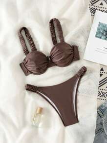 Swim Mod Women's Solid Color Sexy Ruched Tie Up Bikini Set, Summer Beach - Coffee Brown - View 1
