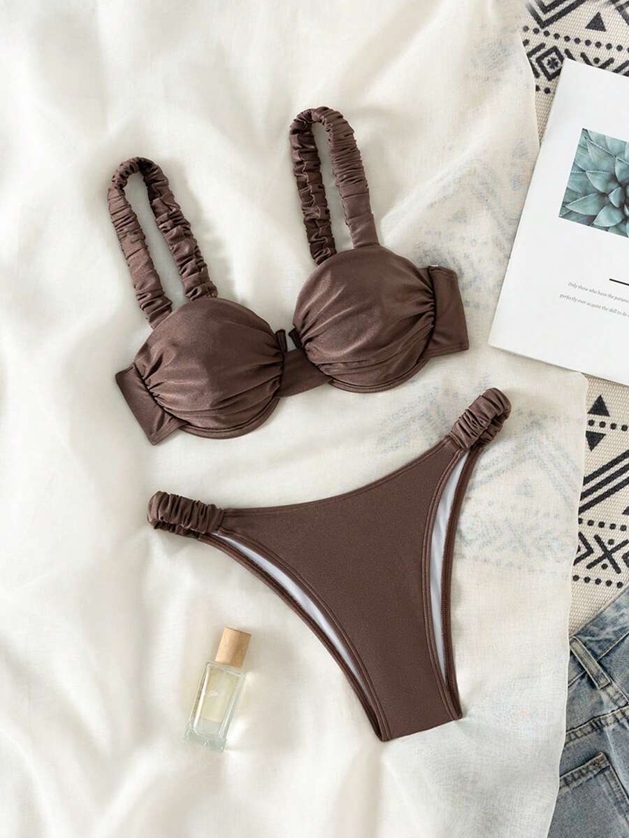 Swim Mod Women's Solid Color Sexy Ruched Tie Up Bikini Set, Summer Beach - Coffee Brown - View 1