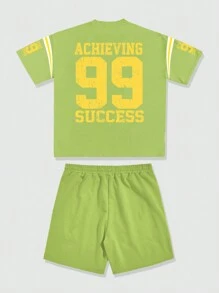 ROMWE MEN Prep 2pcs Men's Jersey Letter Print Short Sleeve T-Shirt And Shorts Set - Army Green - View 4