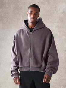 SUMWON Oversized Full-Zip Athletic Hoodie Workout Sweatshirt Casual Streetwear Zip-Up Jacket Winter Fall Loungewear Workout Essential Gym Activewear - Grey - View 2