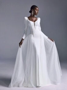 Elitara Elegant White Luxury Satin Deep V Neck Wide Shoulders Leg Of Mutton Sleeves Detachable Skirt Mermaid Skirt Train Suitable For Wedding Festival Bridal Gown Wedding Dress - White - View 4