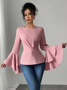 Chiquease Blusa elegante de mujer con doble capa y volantes en los puños - Rosa - Ver 1