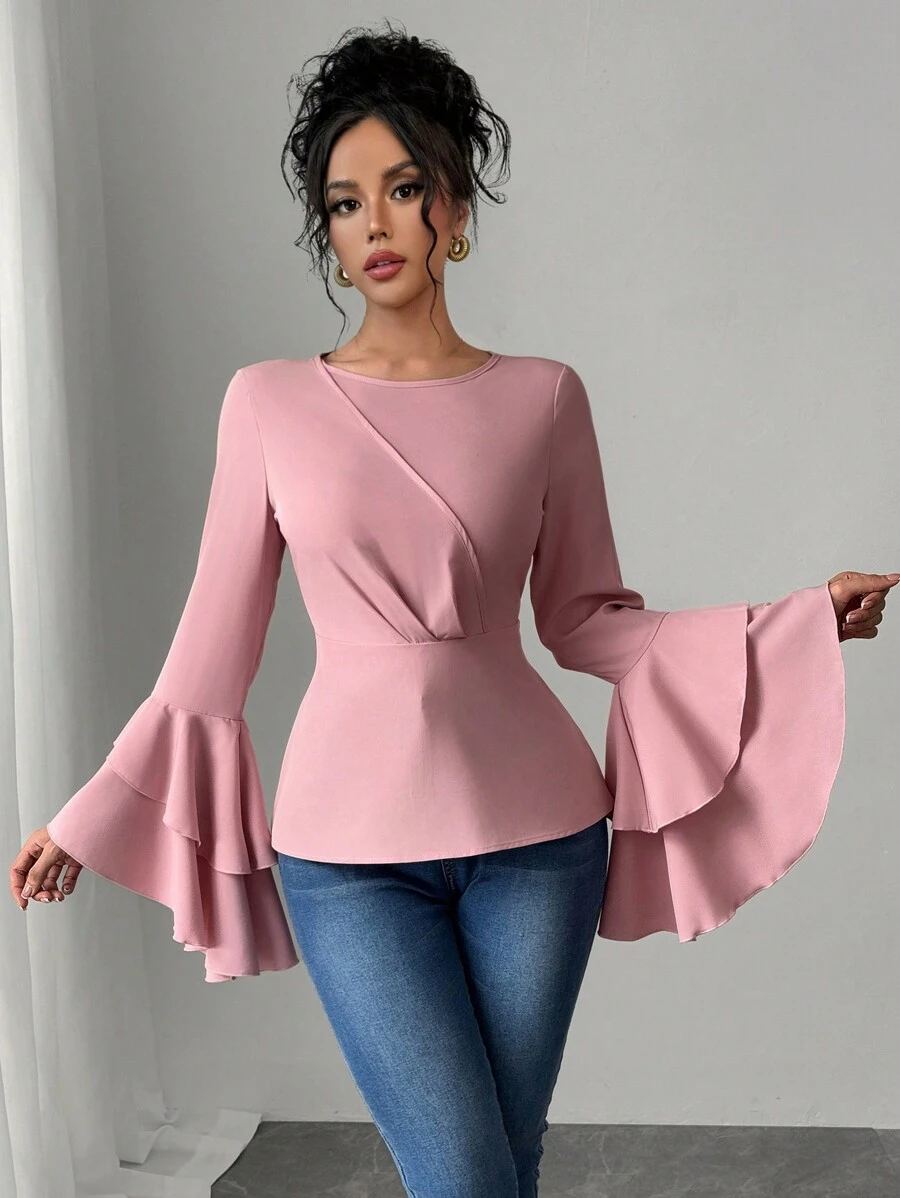 Chiquease Blusa elegante de mujer con doble capa y volantes en los puños - Rosa - Ver 1