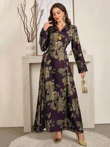 Al Najma 女式花卉印花拼布流苏长袖优雅阿拉伯连衣裙，优雅 A 字形 Jalabiya 阿拉伯连衣裙，适合晚会，端庄 - 酒紅色 - 查看 4