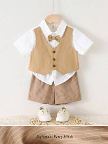 Cozy Pixies 2pcs Baby Boy Outfit Set: Collar Bow Decor Contrast Color 2 In 1 Collared Shirt And Elastic Waist Shorts Set - Khaki - View 1