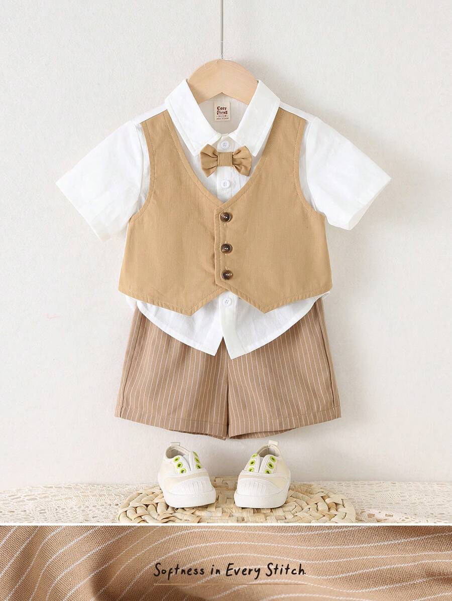Cozy Pixies 2pcs Baby Boy Outfit Set: Collar Bow Decor Contrast Color 2 In 1 Collared Shirt And Elastic Waist Shorts Set - Khaki - View 1