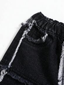 SHEIN Baby Jungen Modische gewaschen Patchwork rohe Kanten locker geschnittene gerade geschnittene schwarze Jeans Hose, für Kinder Streetwear Outfits und Frühlings-/Sommer-Kleidung