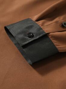 Manfinity Mode 男士纯色休闲衬衫，简约时尚，适合日常穿着，秋季百搭，长袖上衣 - 咖啡棕 - 查看 7