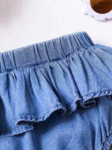 SHEIN 女婴浅蓝色牛仔裙 + 尿布套套装，女童春夏休闲度假波西米亚风家居服，女婴沙滩装 - 淺色水洗藍 - 查看 6