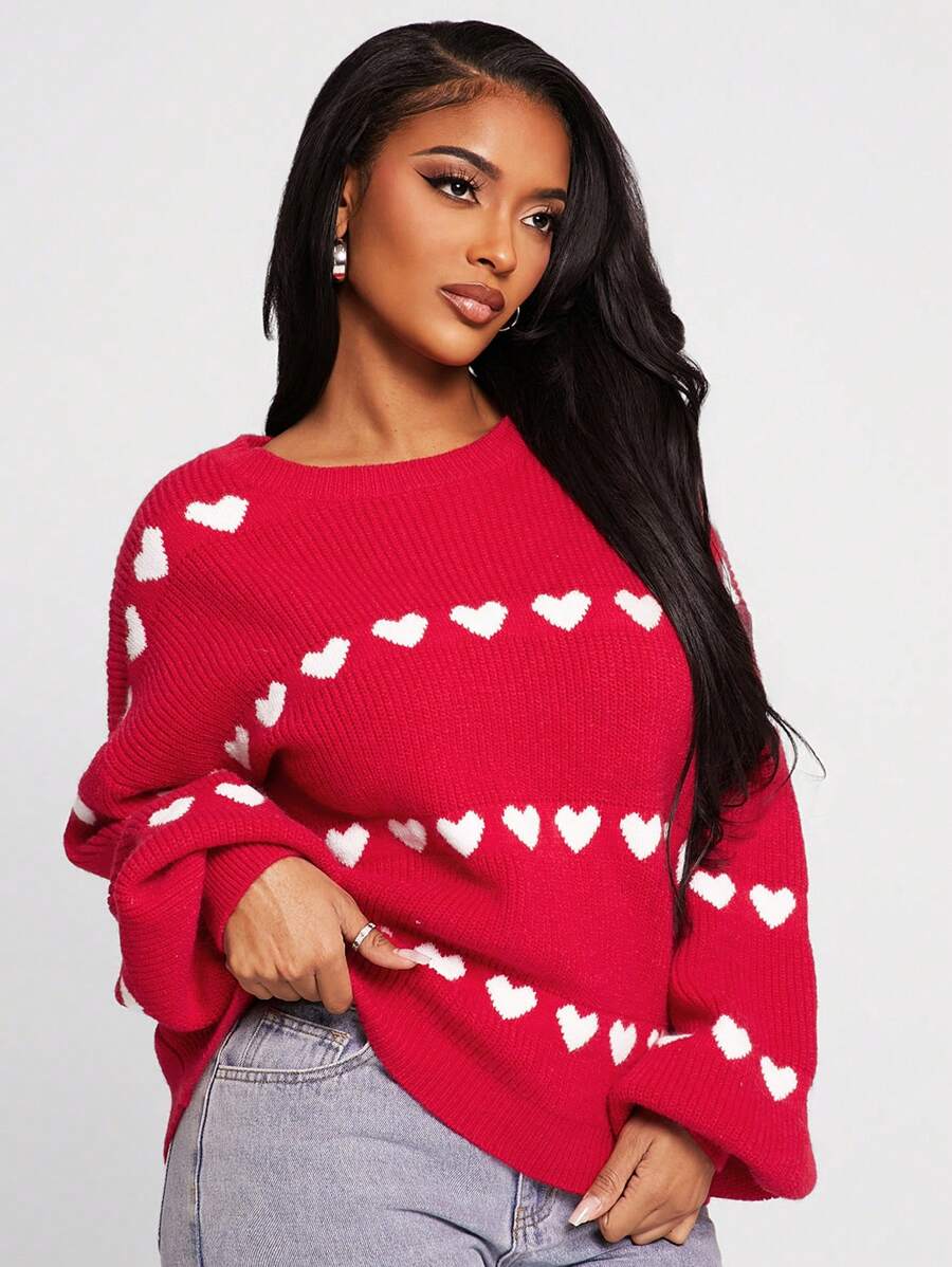 SHEIN SXY Festival Clothing White Heart Shaped Valentine's Day Red Loose Knit Sweater - Red - View 1