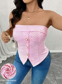 SHEIN Essnce Plus Size Women's Jacquard Knit Patterned Bandeau Top, "Valentine's Pink Lover" For Summer