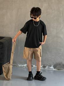 SHEIN 2 件套青少年男孩休闲街头潮流韩版大字母图案烫金图形圆领短袖 T 恤和短裤套装，适合通勤、上学、休闲场合、运动、春夏 - 卡其色 - 查看 3