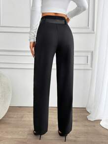EURMUSE Women Solid Color High Waist Straight Pants With Belt - Black - View 2