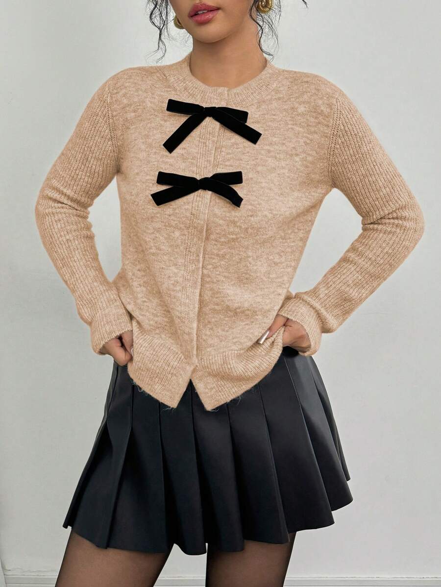Selianne 女士休闲蝴蝶结装饰混合针织开衫,秋冬 - 卡其色 - 查看 1