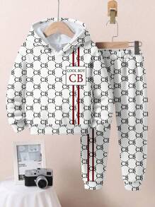 SHEIN COOL BOY, Klassiek, Stijlvol, Luxe, Cool, High-End Baby Boy Casual Losse Comfortabele Gebreide Zachte Capuchon Sweatsuit