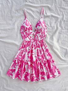 女士蓝白花卉印花露背腰 A 字迷你连衣裙，度假风格 - 粉色 - 查看 6