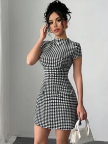 Selianne 欧美风格短袖派对礼服，收腰，修身设计，独特的公主裙配仿口袋，随意千鸟格花卉图案 - 黑與白 - 查看 3