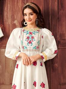 SHEIN Teen Girls Eid Al-Adha Founding Day Ramadan Holiday Dress With Tulle Dress, Viscose Rose & Golden Sequin Trim