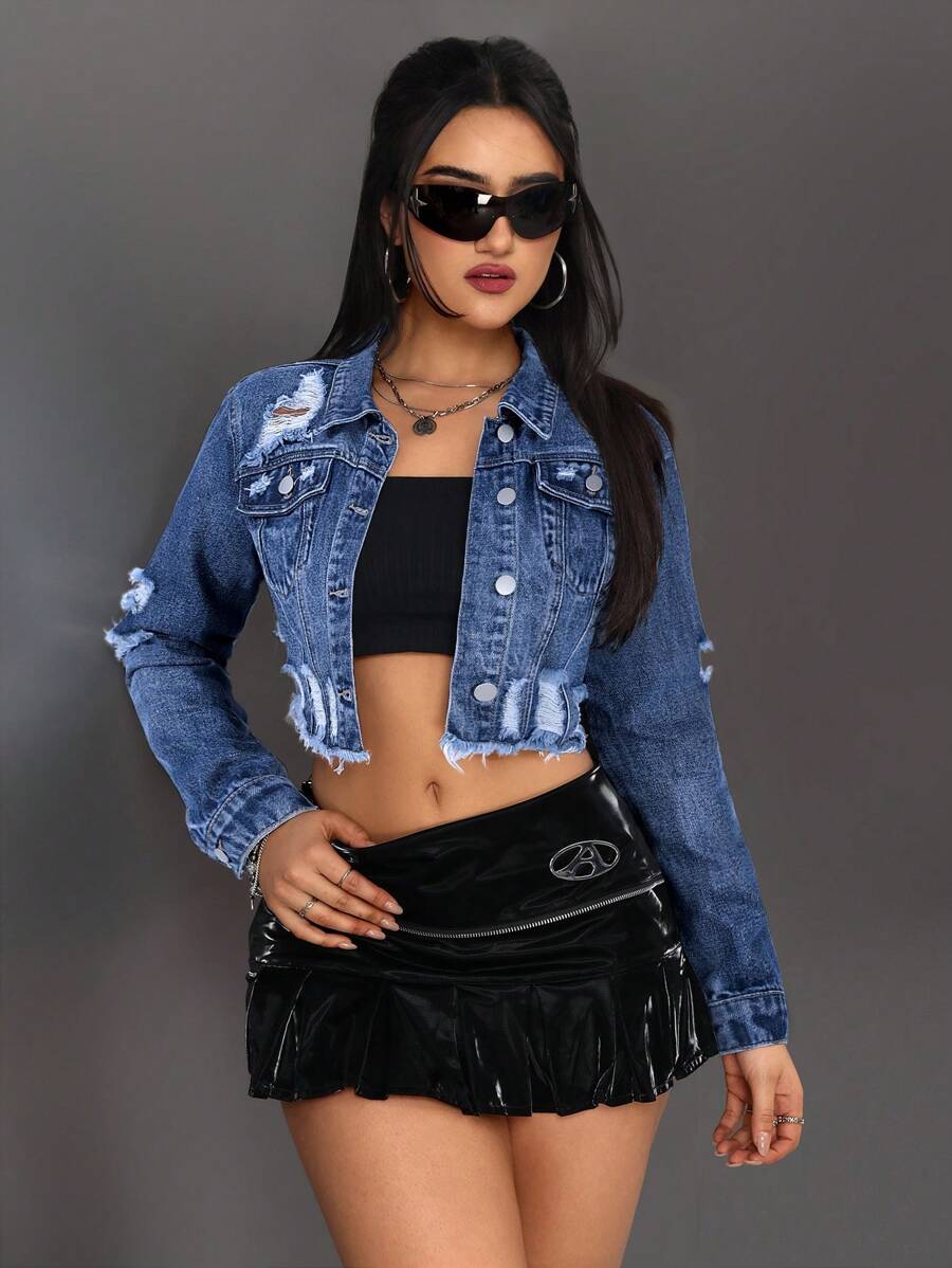 SHEIN ICON Chaqueta corta de jean, casual y de moda para el uso diario - Azul lavado oscuro - Ver 1