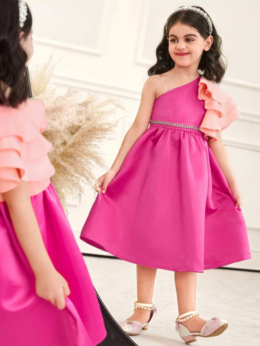 SHEIN Young Girl Woven Contrast Color Ruffle Trim Snug Fit Cami Dress