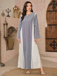 Al Najma Vintage Minimalist Casual Versatile 2025 Spring Colorblock Print Long Sleeve Maxi Cardigan Kaftan Jalabiya Dress - Beige - View 5