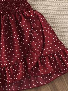Tween Girl Polka Dot Print Ruffle Trim Top And Mini Skirt 2pcs Set - Burgundy - View 4