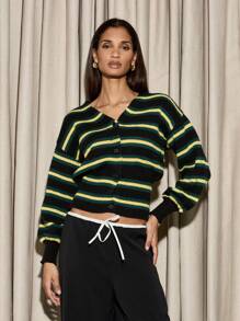 AiiRZ Striped Knit Button-Down Cardigan V-Neck Cropped Sweater Fashion Casual Fall Winter Collegiate Style Loungewear