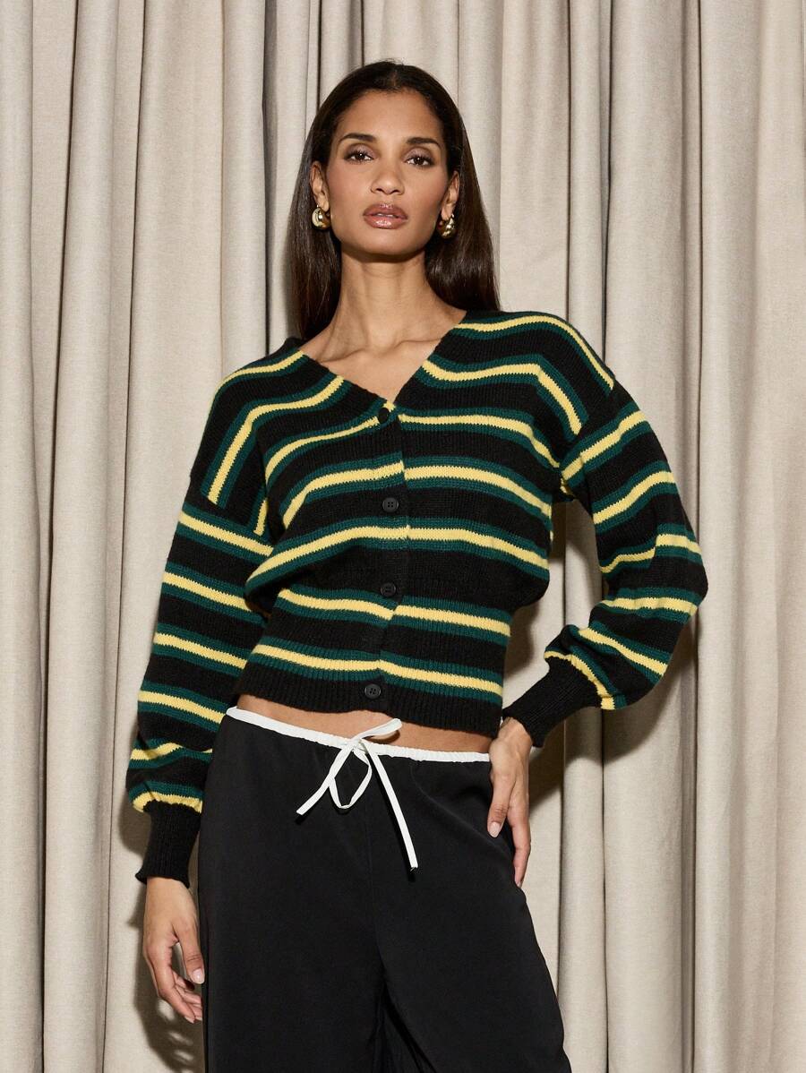 AiiRZ Striped Knit Button-Down Cardigan V-Neck Cropped Sweater Fashion Casual Fall Winter Collegiate Style Loungewear