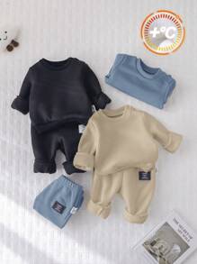 SHEIN 6件套新生儿男女宝宝百搭纯色圆领套头卫衣裤套装，休闲百搭，适合居家和户外穿着，秋冬季 - 彩色 - 查看 8