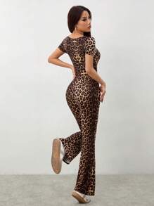 SHEIN PETITE Women's Autumn Leopard Print Square Neck Short Sleeve Flare Fashion Jumpsuit - Brown - View 2