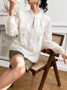 EastFlair Women's Elegant Plain Stand Collar Button Ruffle Hem Blouse, Autumn - Apricot - View 2