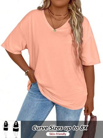 SHEIN CURVE+ 1st Kvinnor Plus Size V-hals Drop Shoulder Casual T-shirt Topp, enfärgad