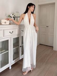 DAZY Elegante mono de mujer suelto con cuello en V de encaje a contraste, conjunto de ropa de mujer para primavera/verano, crucero, mono, atuendo de playa