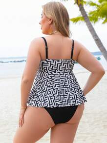 SHEIN Swim Curve 2pcs/Set Plus Size Colorful Digital Print Camisole Spaghetti Strap Drawstring High Waist Split Flattering Casual Vacation Tankini Set Sets Summer - Multicolor - View 2