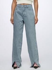 SUMWON WOMEN Vertical Striped Split Hem Jeans Retro Y2K Wide Leg Denim Pants Casual Street Style Spring Summer Fashion Statement Bottom - Baby Blue - View 1