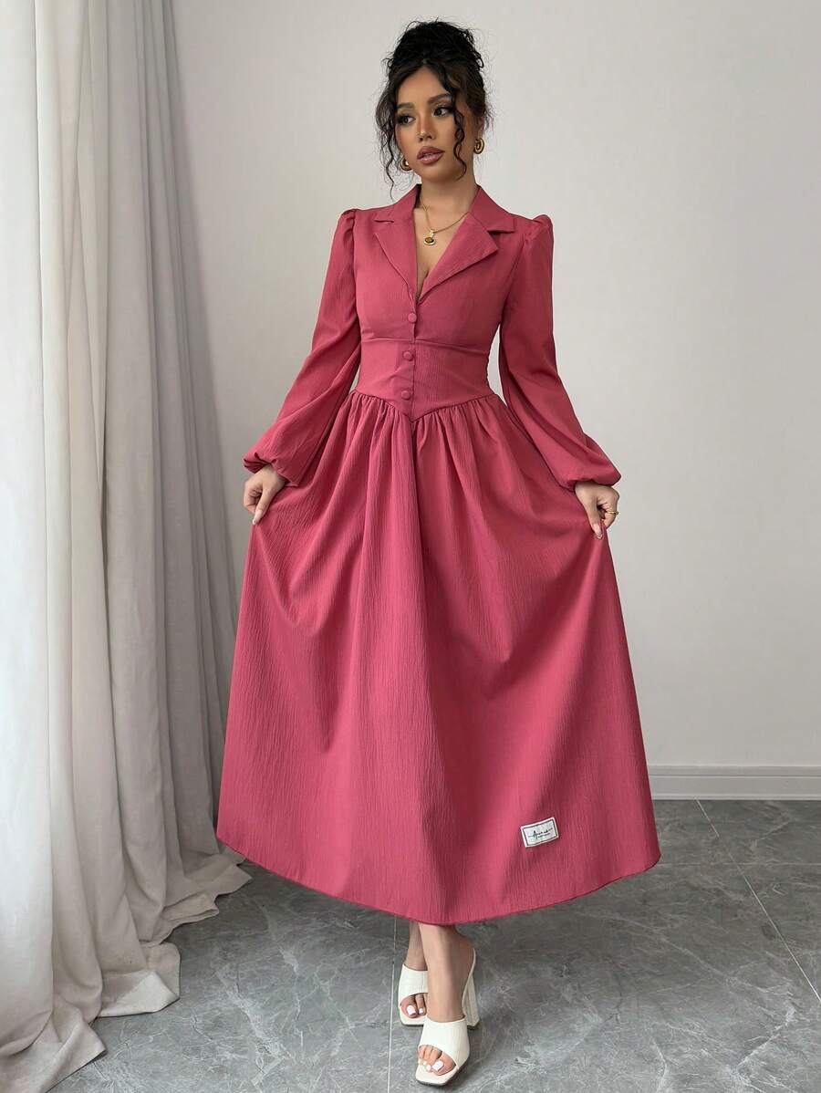 Modelyn Vestido casual de manga larga con botones delanteros de un solo color y pliegues sencillos para mujer - Rosa coral - Ver 1