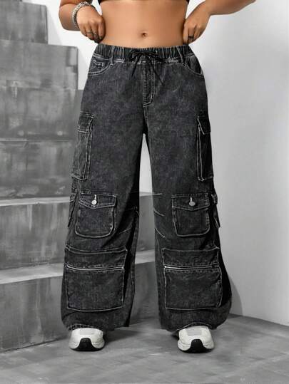 Grunge Punk Damen Große Größen Cargo Jeans mit Mehreren Taschen, elastischem Zugband in der Taille und weitem Bein