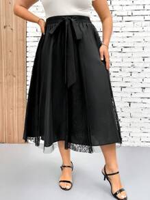 SHEIN Clasi 大码女式优雅休闲混合面料拼布百褶裙 - 黑色 - 查看 3