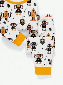 Boys' Casual Cute Robot Print Tight-Fitting Round Neck Long Sleeve Pajama Set, Autumn/Winter