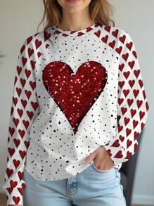 SHEIN LUNE Camiseta de manga larga casual con cuello redondo y estampado de amor para Día de San Valentín, tallas grandes para mujer - Multicolor - Ver 3